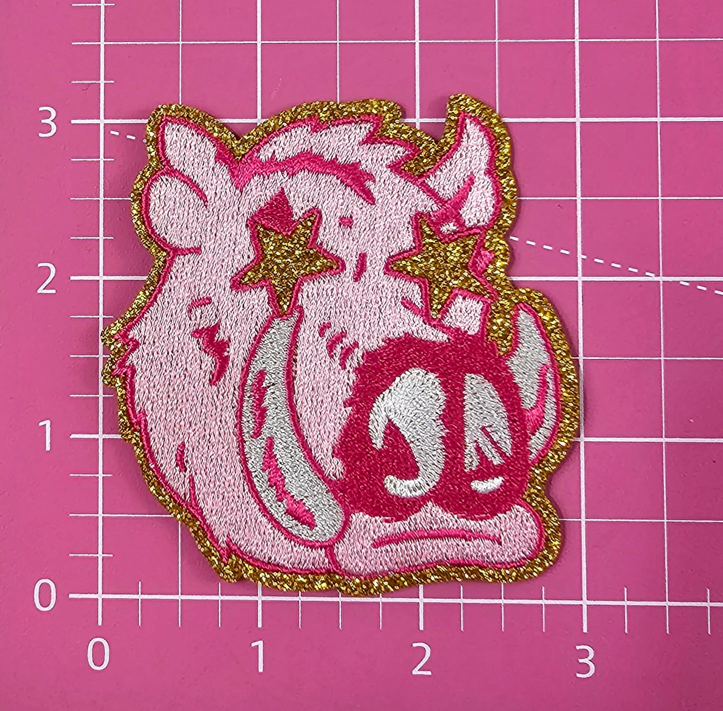 Small Razorback Hawg Gold Glitter Mascot with Star Eyes Embroidery Iron On Patch