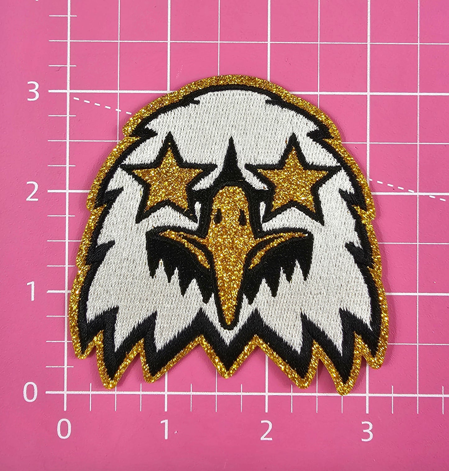 Small Black White Eagle Gold Glitter Mascot with Star Eyes Embroidery Iron On Patch