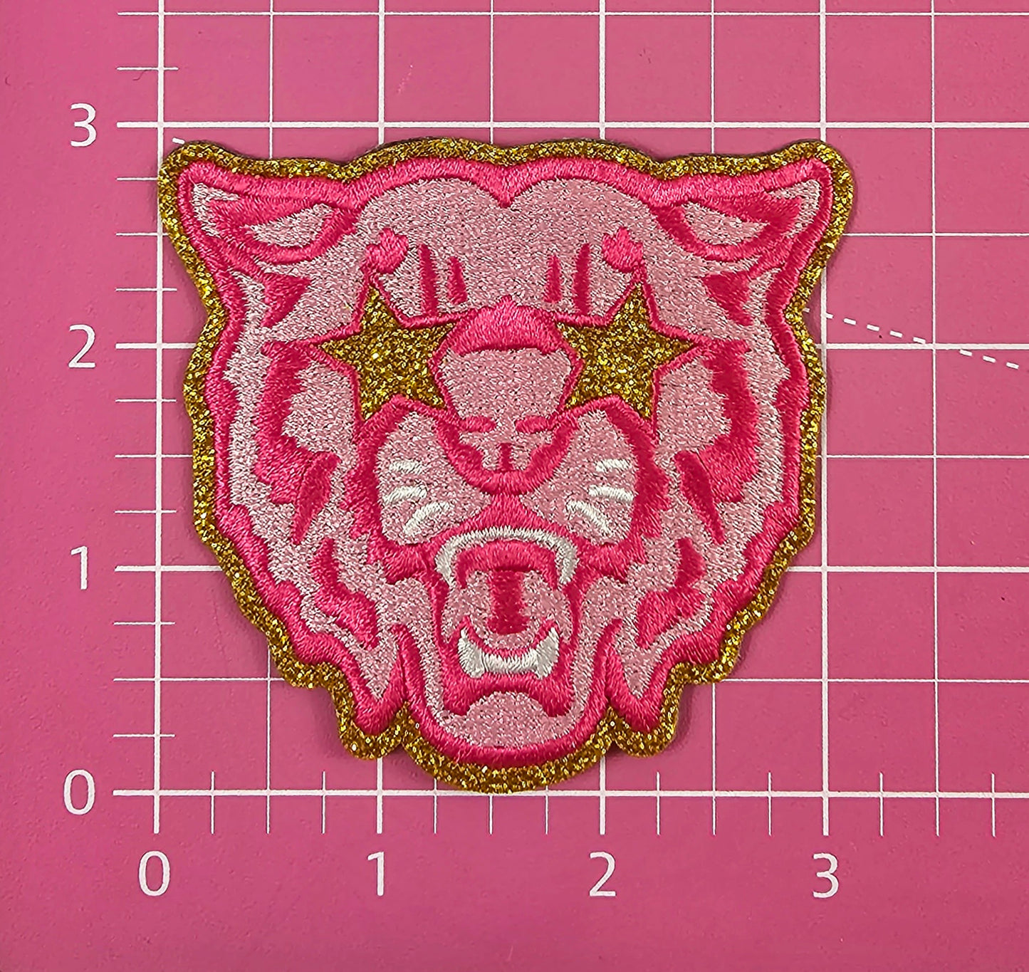 Small Hot Pink Wildcat Cougar Gold Glitter Mascot with Star Eyes Embroidery Iron On Patch