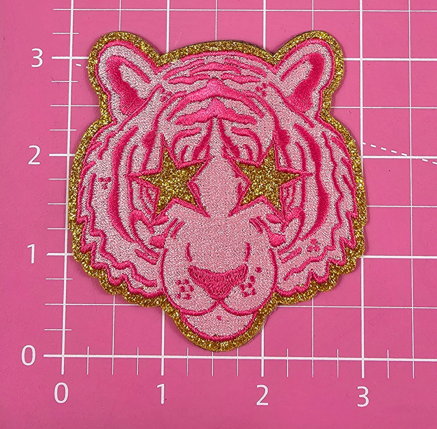 Small Hot Pink Tiger Gold Glitter Mascot with Star Eyes Embroidery Iron On Patch