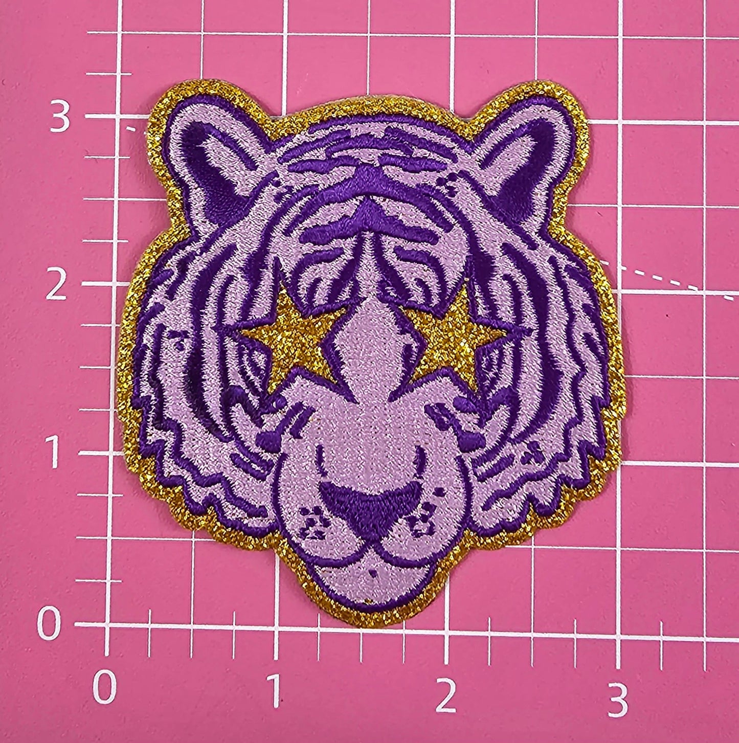 Small Purple Tiger Gold Glitter Mascot with Star Eyes Embroidery Iron On Patch