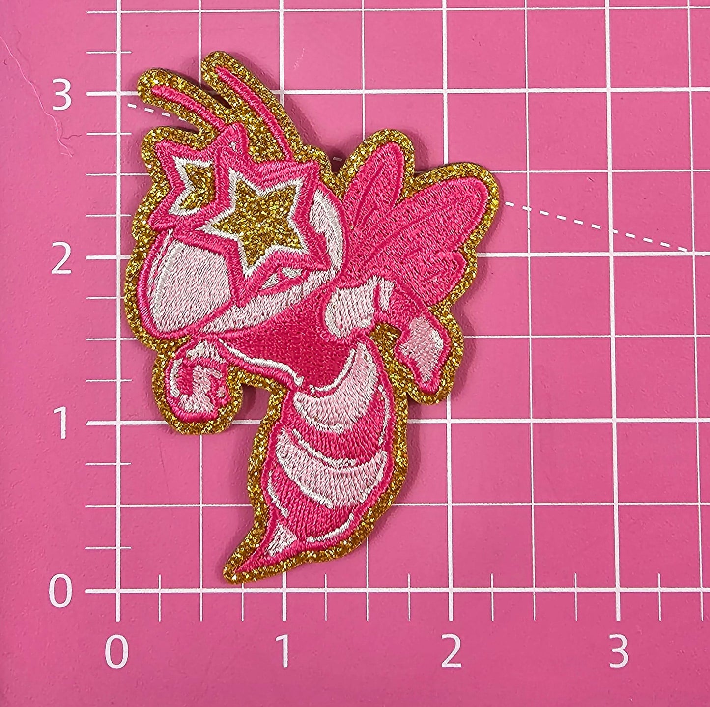 Small Hot Pink Hornet Bee Gold Glitter Mascot with Star Eyes Embroidery Iron On Patch