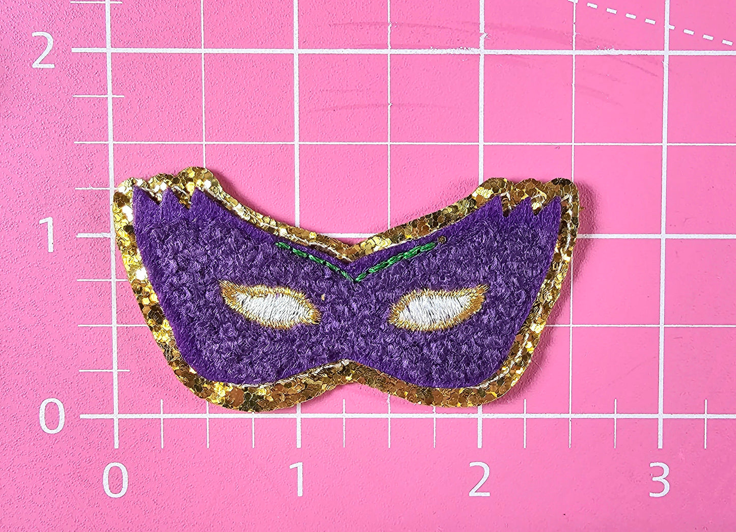 Purple Mardi Gras Mask Chenille Gold Glitter Iron On Patch