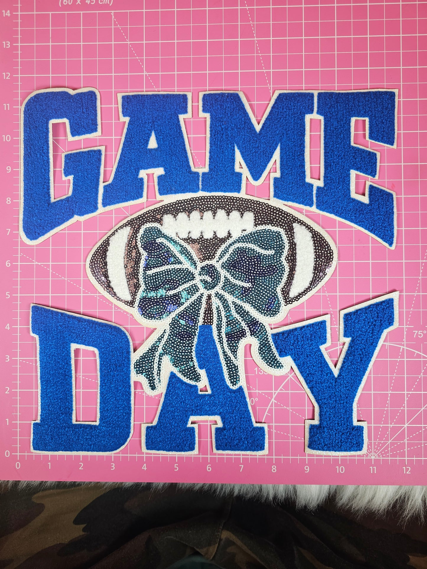 Game Day Blue Chenille Sequin Football Iron-on Patch