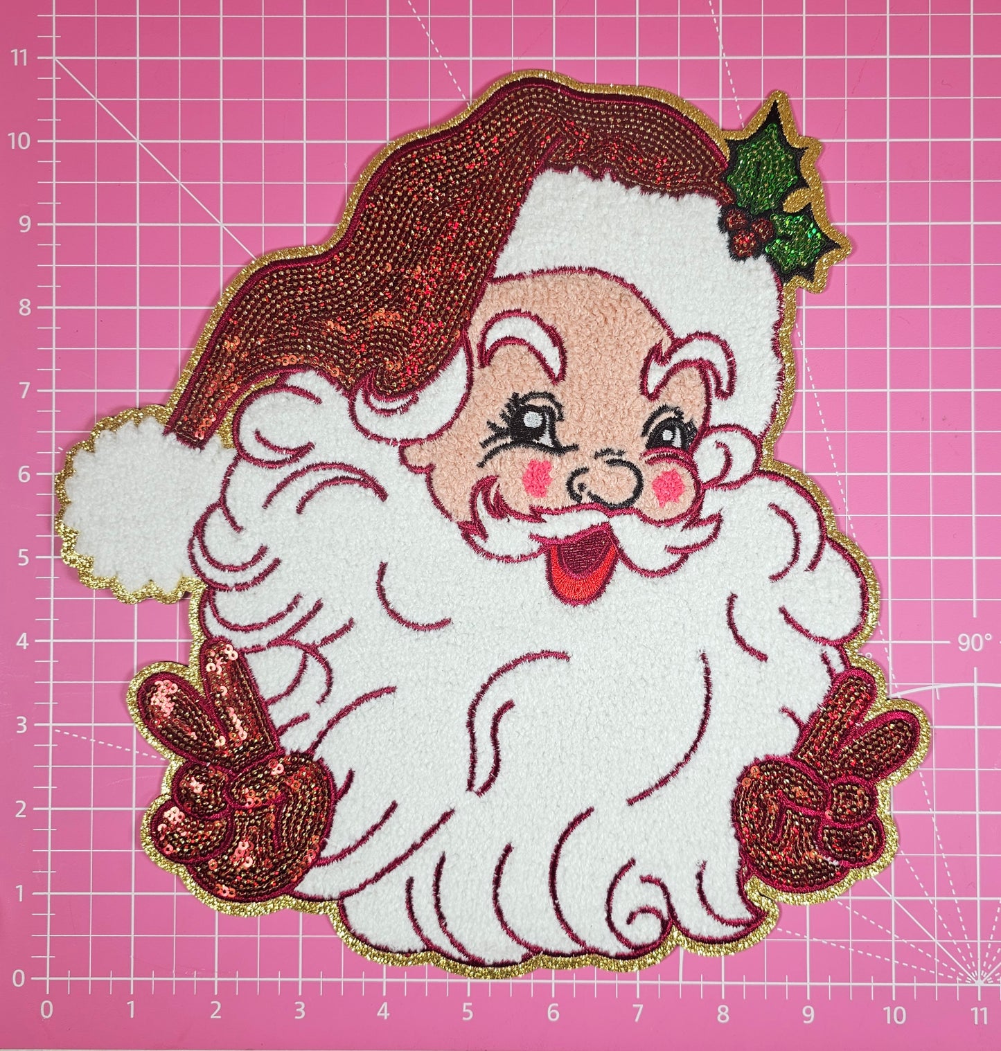 Peace Retro Santa Sequin on Gold Glitter Large Iron On Patch