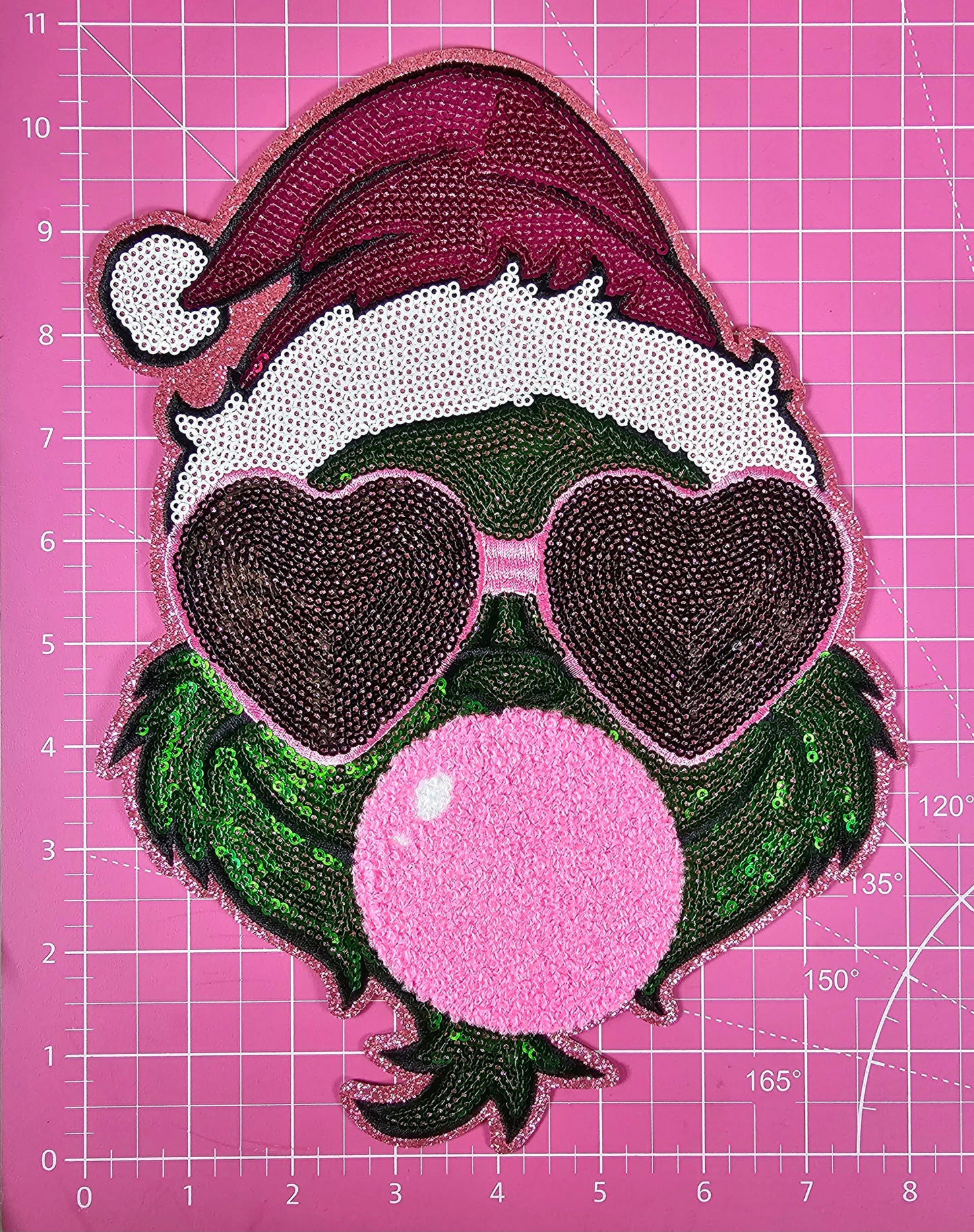 Mean Green Grinchy Bubble Heart Glasses Pink Large Sequin Glitter Iron-on Patch