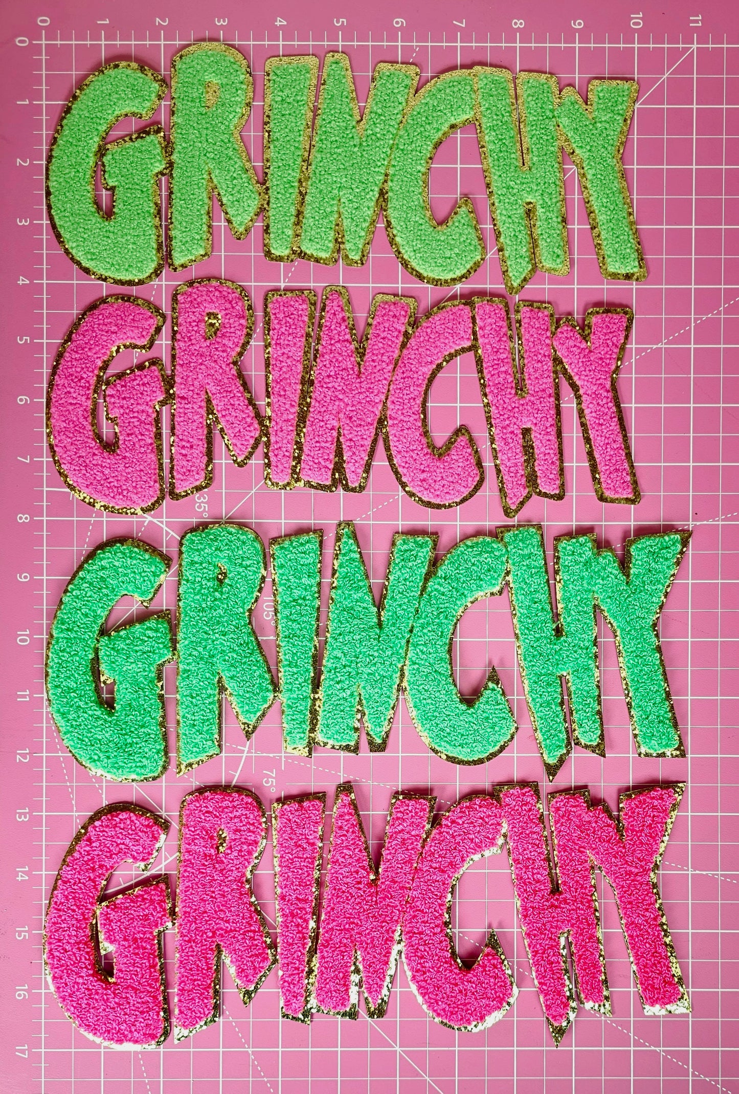 Grinchy Word Chenille Gold Glitter Iron-on Patch