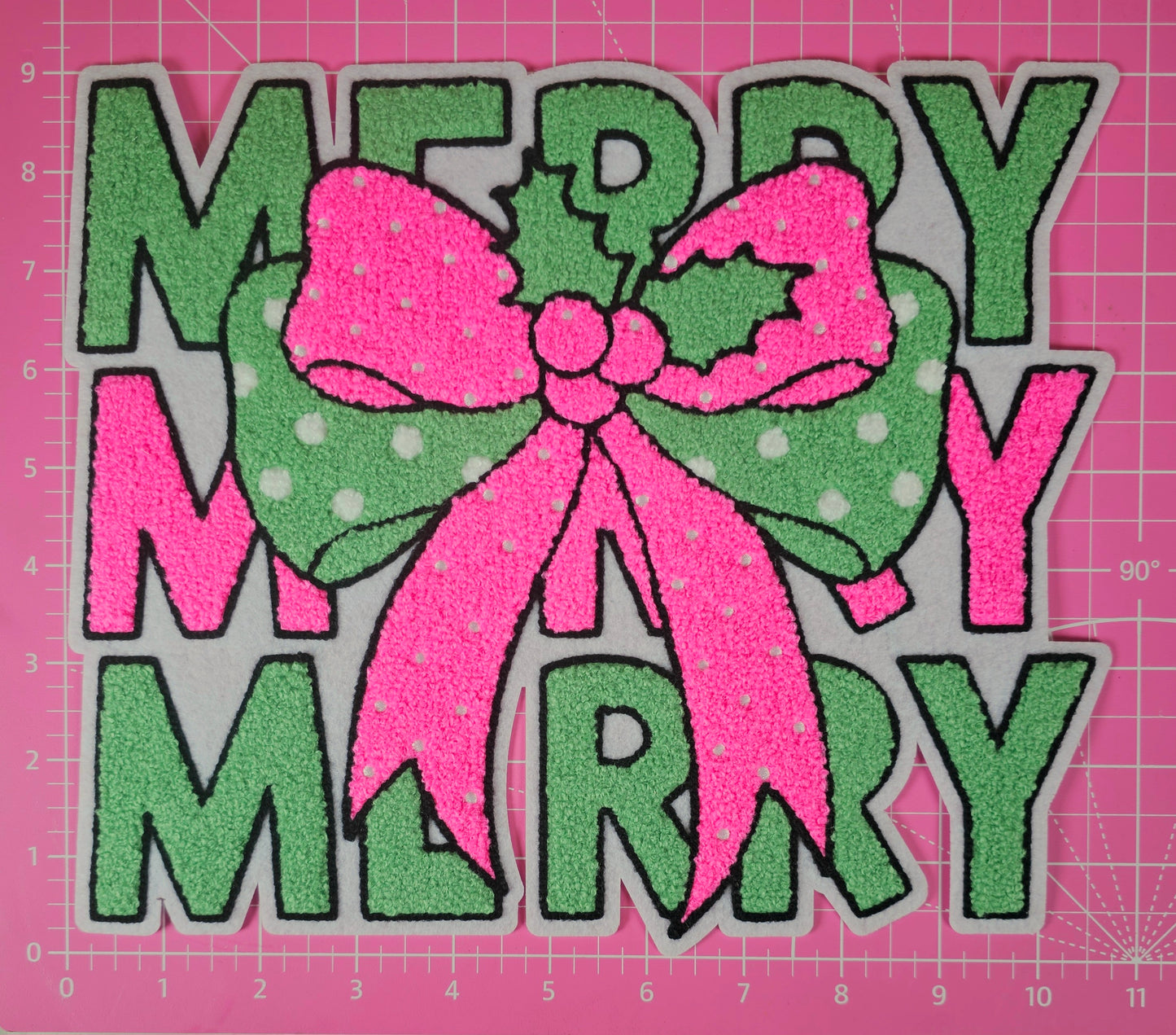 Merry Merry Merry Pink Bow Chenille Felt Iron-on Patch