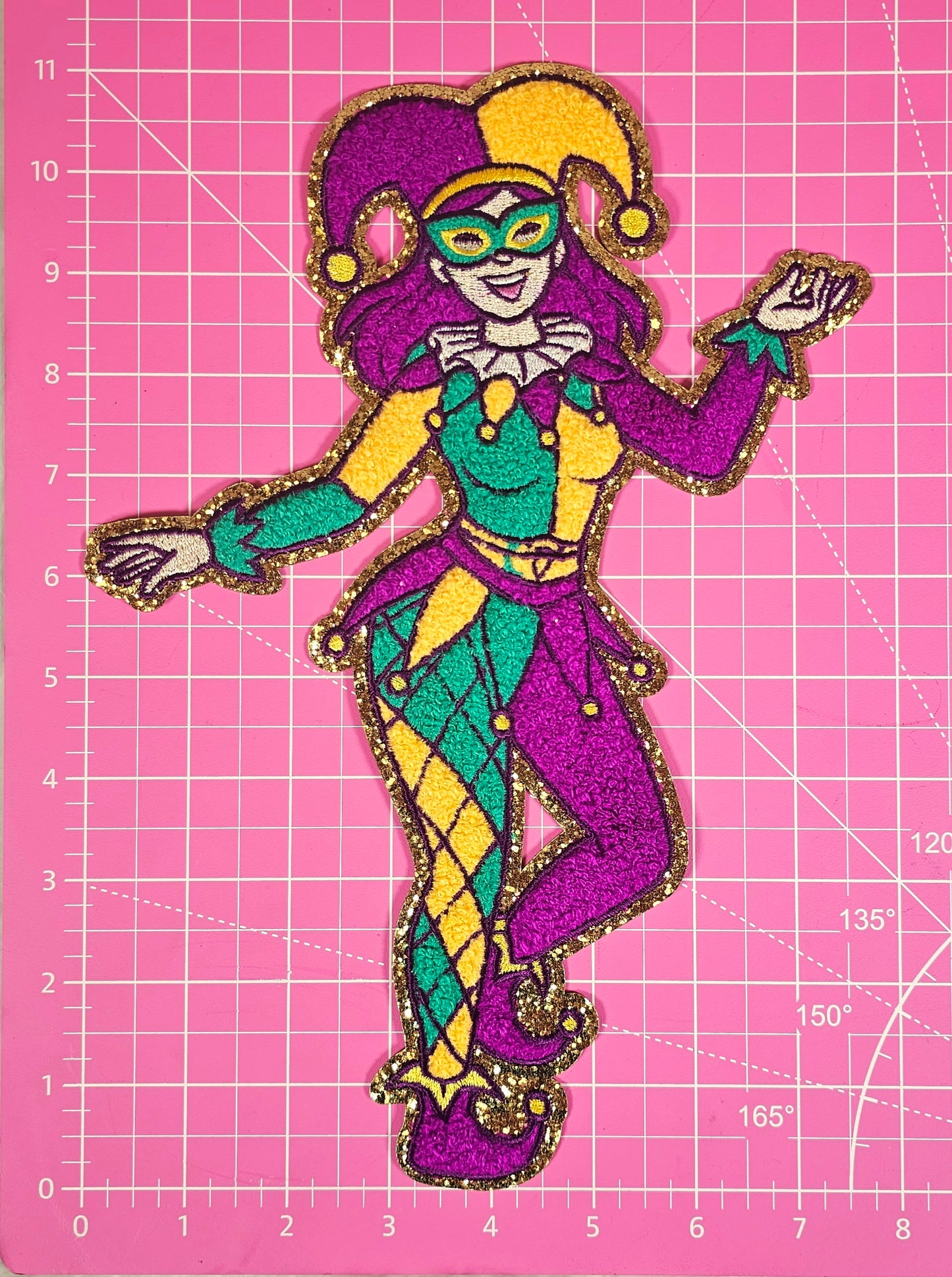 Dancing Mardi Gras Joker Chenille Glitter Large Iron On Patch