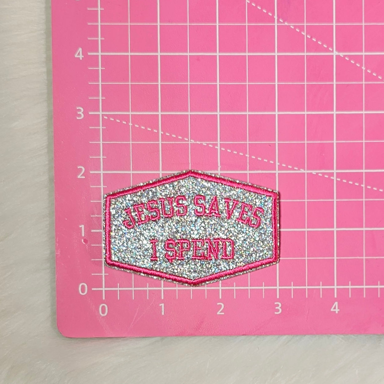 Jesus Saves I Spend Pink Embroidery on Holographic Glitter Iron On Patch