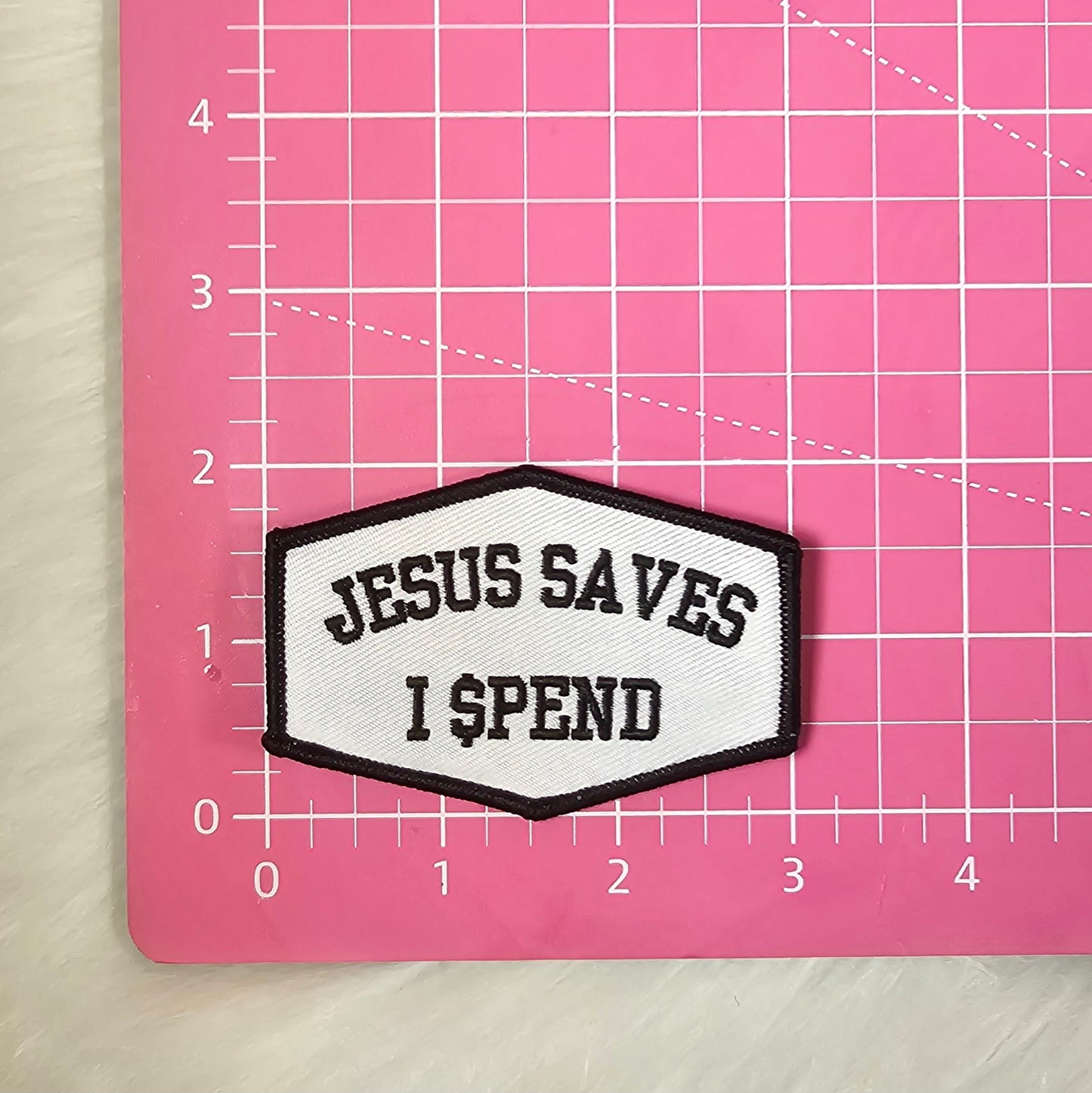 Jesus Saves I Spend Black and White Embroidery Iron On Patch