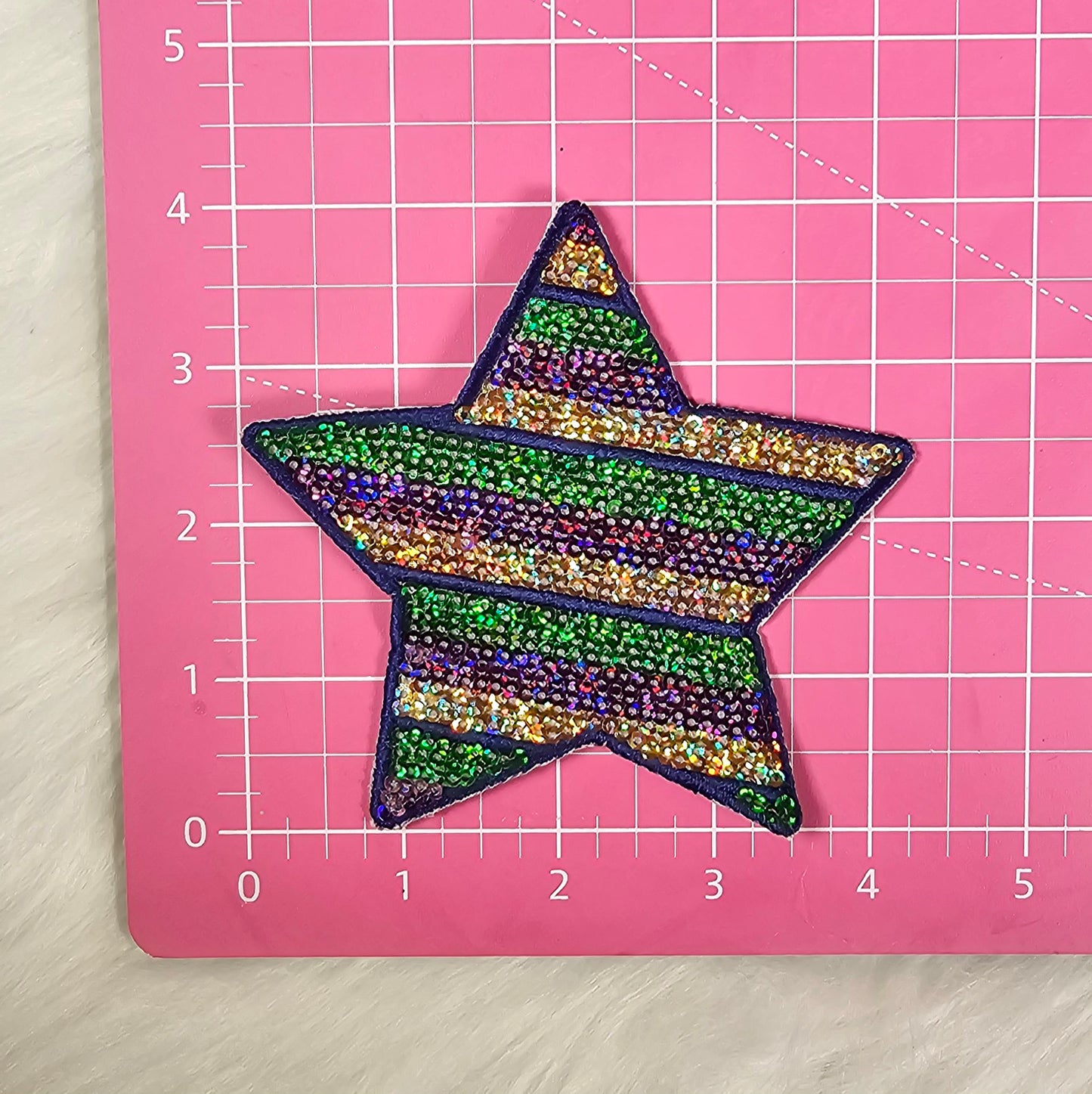 4"  Mardi Gras Purple Green and Holographic Gold Sequin Star Iron On Patch