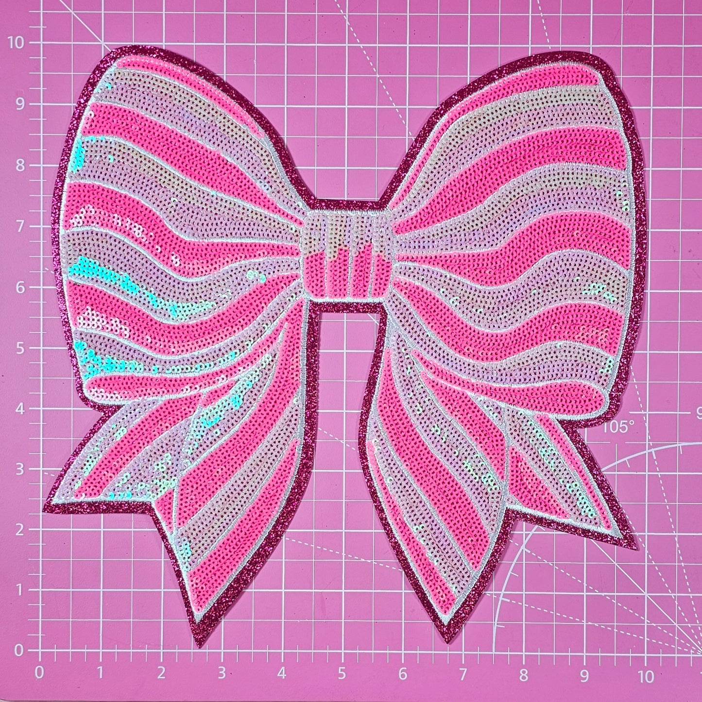 Valentine Candy Stripe Bow Pink Sequin Glitter Large Iron On Patch