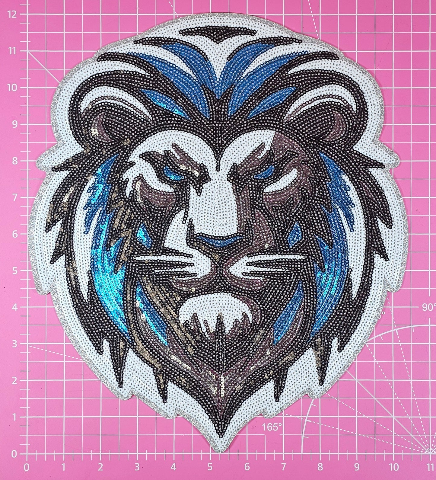 Lion Head Mascot Sequin Silver Glitter Large Iron On Patch