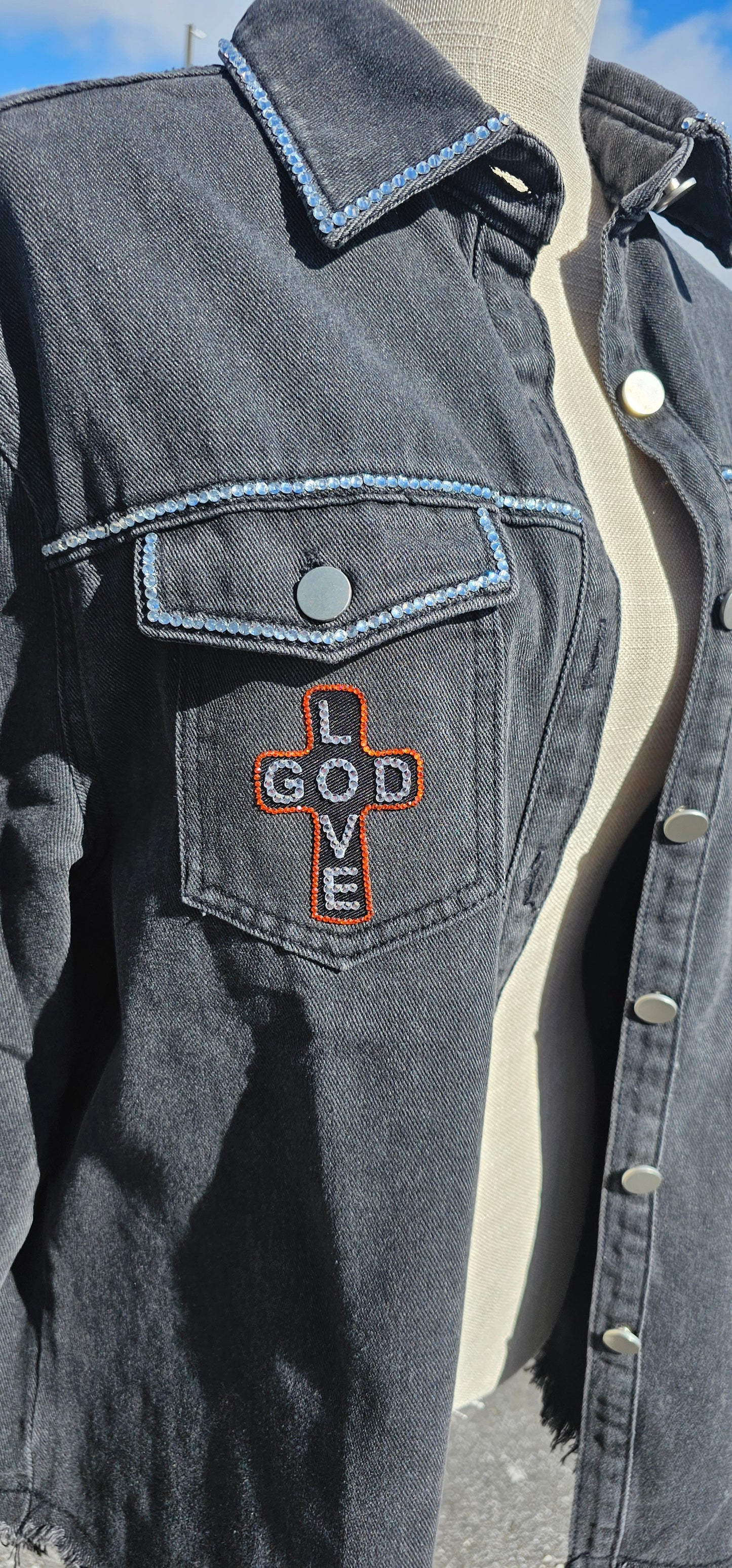 Custom Jesus Christ Lord and Savior Rhinestone Denim Button Up by Pretty Preppy Co.