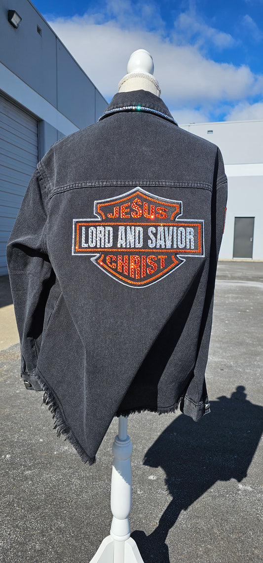 Custom Jesus Christ Lord and Savior Rhinestone Denim Button Up by Pretty Preppy Co.
