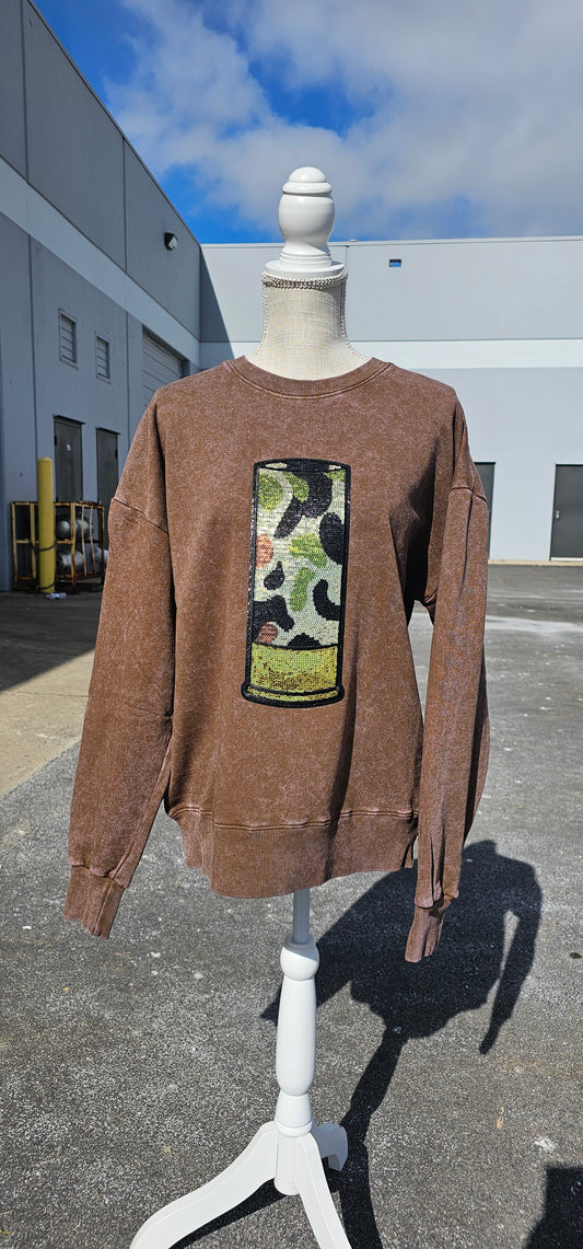 Camo Shotgun Shell Sequin Patch Acid Wash Crewneck by Pretty Preppy Co.