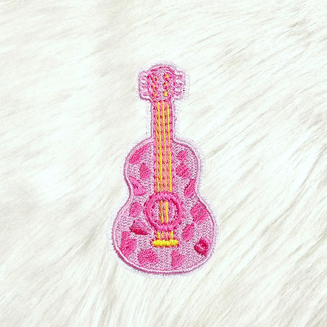 Guitar Pink Cow Print Embroidery On Patch