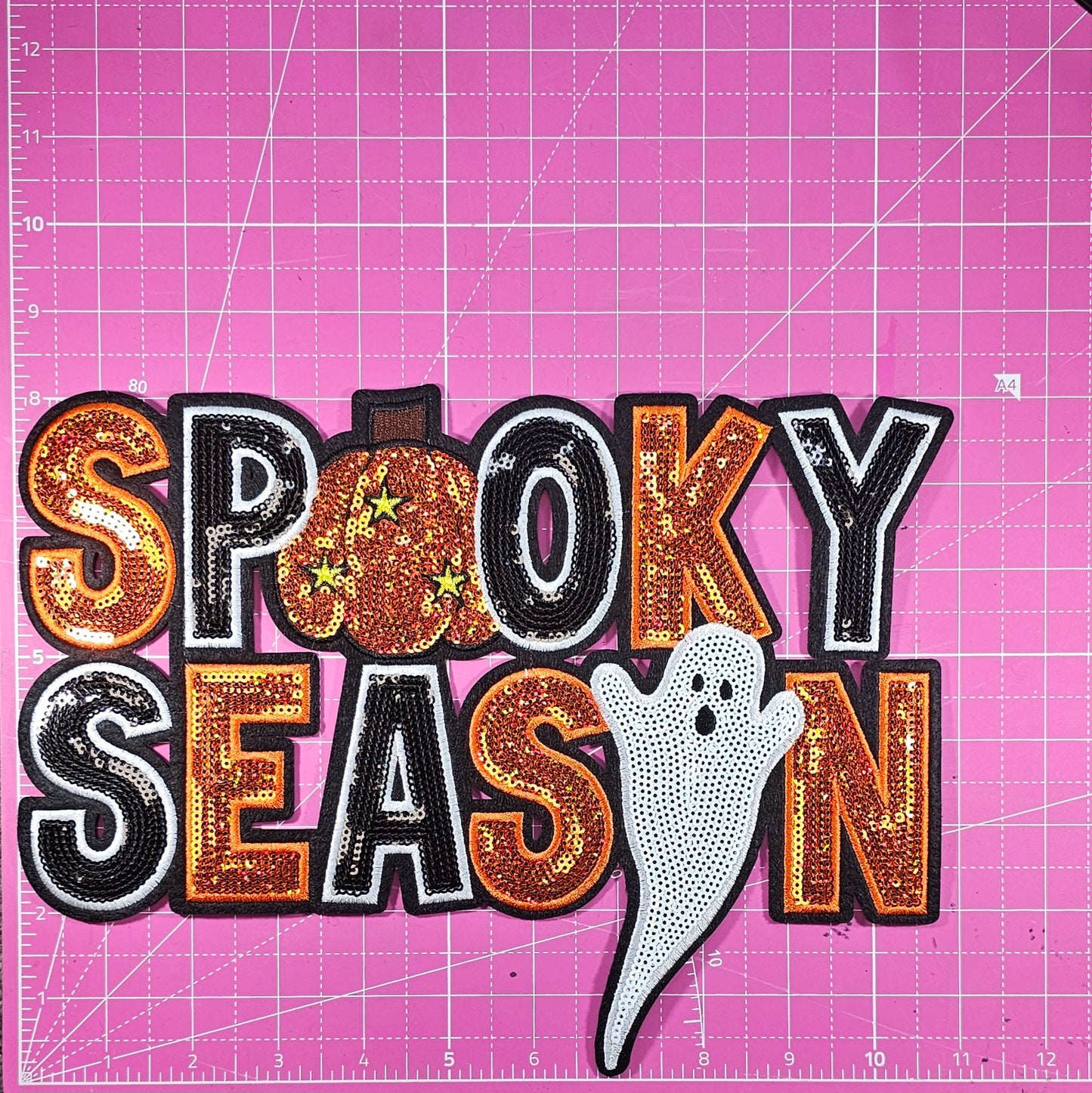 Spooky Season Sequin on Black Felt Large Iron on Patch