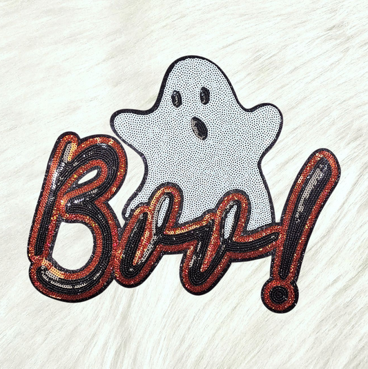 Boo! Ghost Sequin Glitter Large Iron on Patch