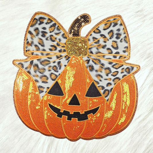 Leopard Bow Pumpkin Sequin on Glitter Large Iron on Patch
