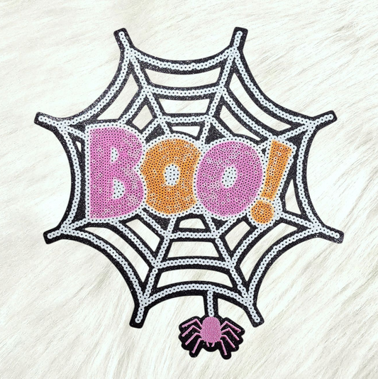 Boo! Spiderweb Sequin Glitter Large Iron on Patch