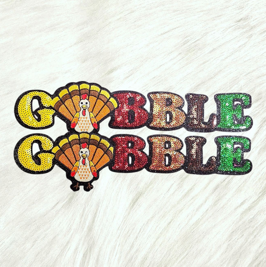 Gobble Gobble Turkey Sequin on Glitter Large Iron on Patch