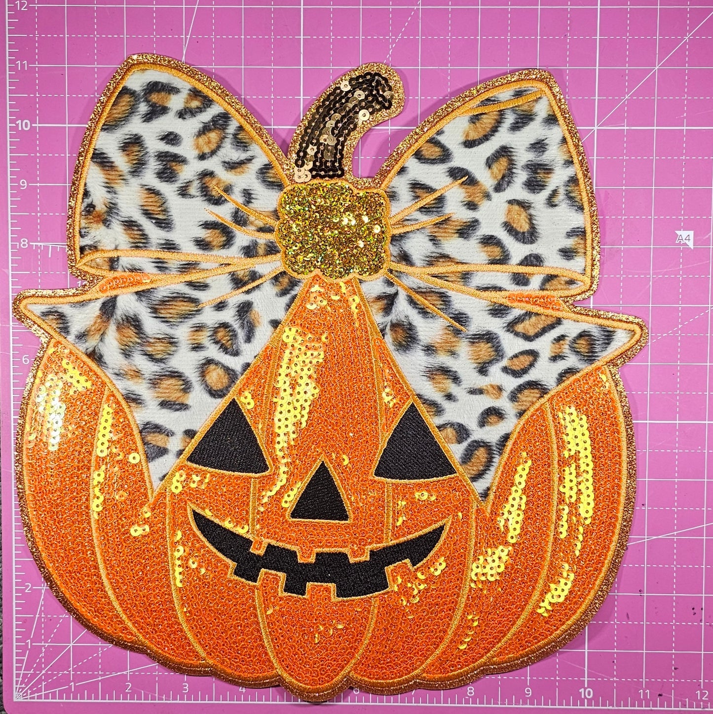 Leopard Bow Pumpkin Sequin on Glitter Large Iron on Patch