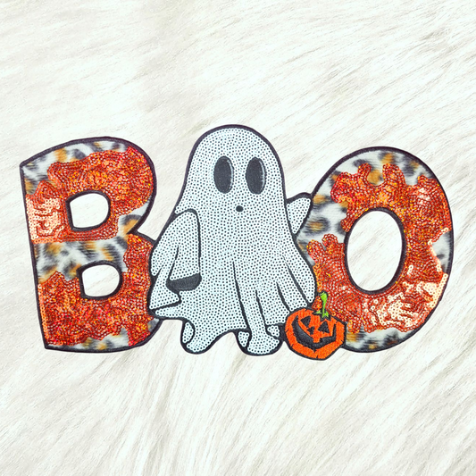 Boo Halloween Ghost Cheetah Fur Sequin Glitter Large Iron on Patch