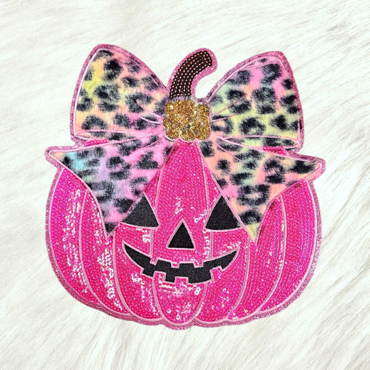 Pink Leopard Bow Pumpkin Sequin on Glitter Large Iron on Patch