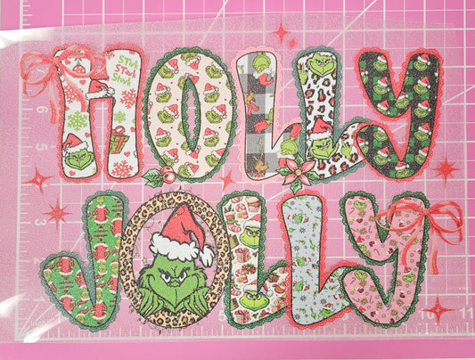 Holly Jolly Grinchy Christmas Glitter DTF Iron On Transfers