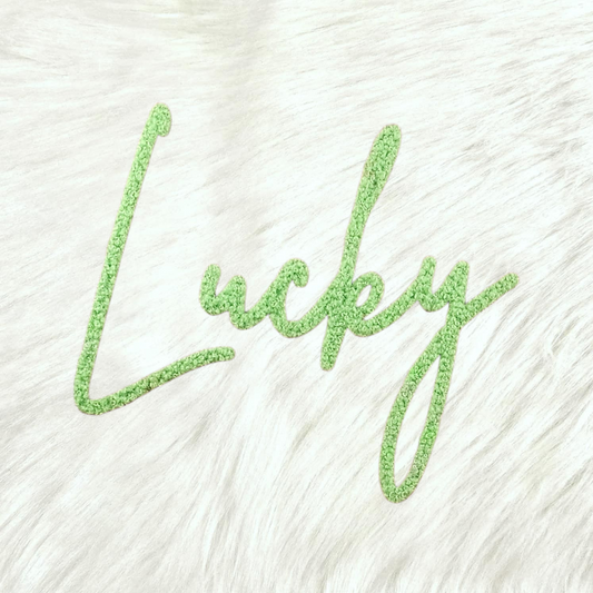 LUCKY Cursive Green Fluffy Fuzzy Transfer Patch