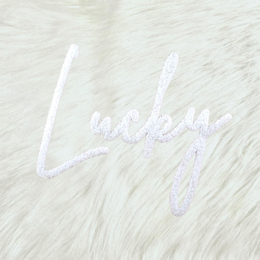 LUCKY Cursive White Fluffy Fuzzy Transfer Patch