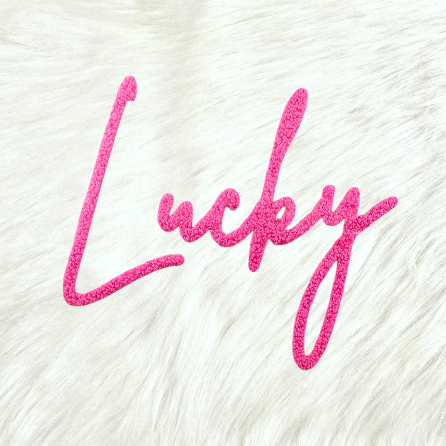 LUCKY Cursive Pink Fluffy Fuzzy Transfer Patch