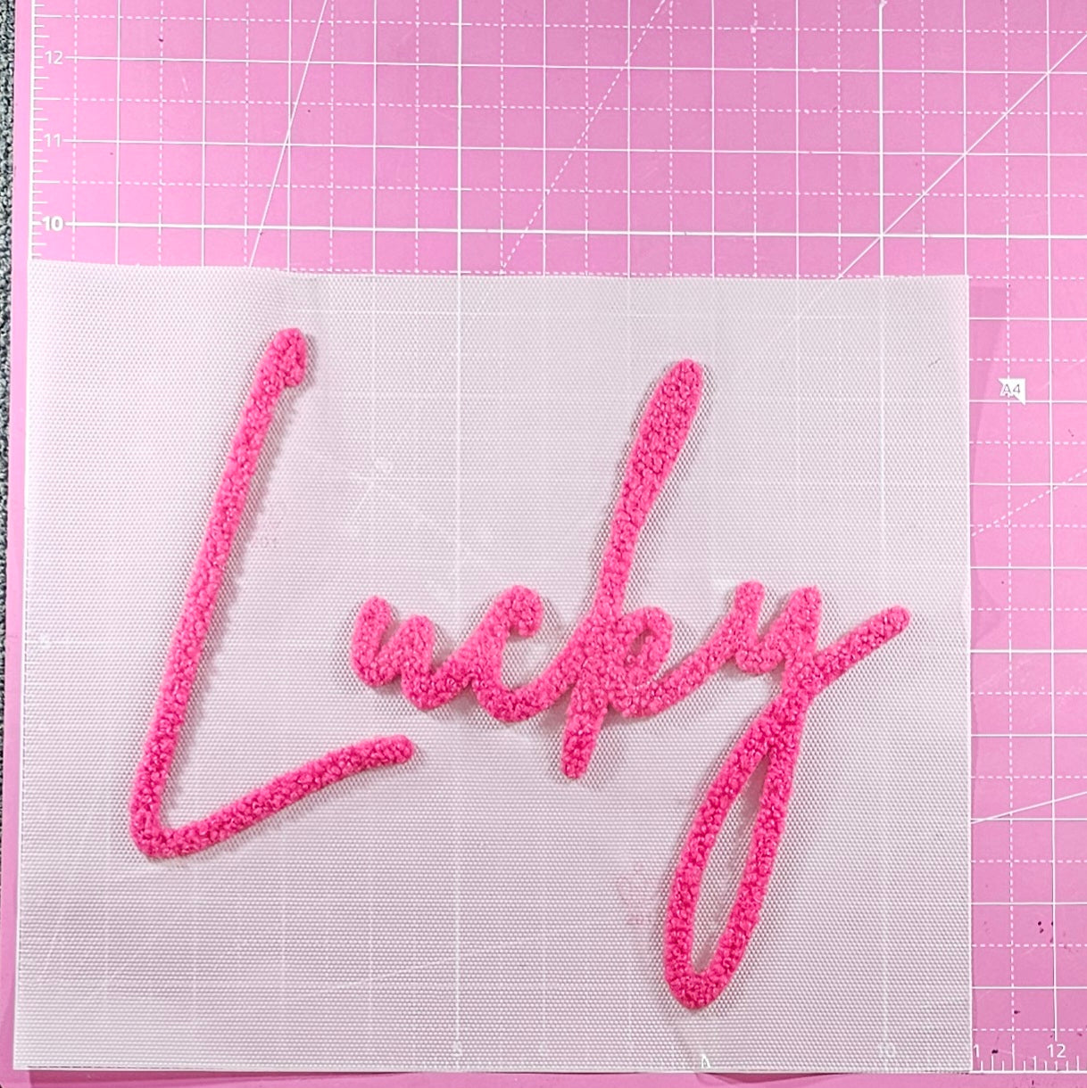 LUCKY Cursive Pink Fluffy Fuzzy Transfer Patch