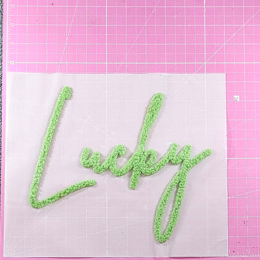 LUCKY Cursive Green Fluffy Fuzzy Transfer Patch