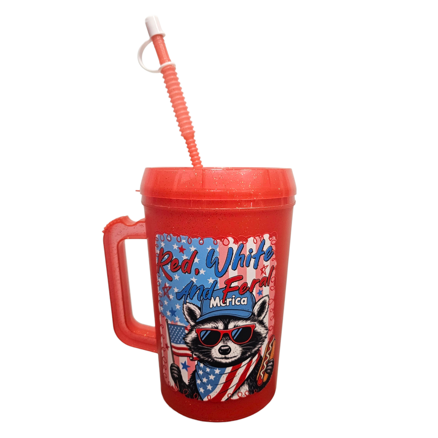 Red White Feral Raccoon USA HIP SIPS Mega Trucker Mug 34oz