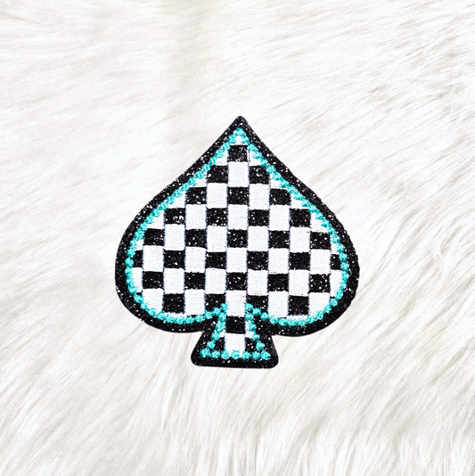 Spade Turquoise Checkered Western Embroidery Black Glitter Iron On Patch