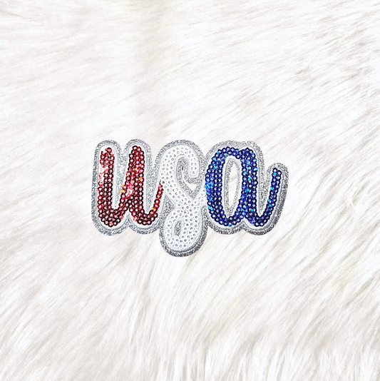 USA Cursive Sequin Glitter Iron-on Patch