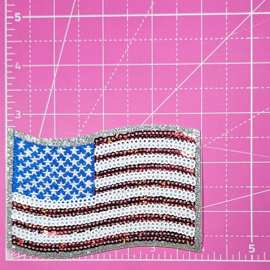 USA Flag Waving Sequin Glitter Iron-on Patch