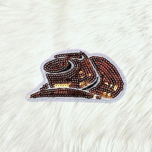 Brown Cowgirl Hat Western Sequin Iron On Patch