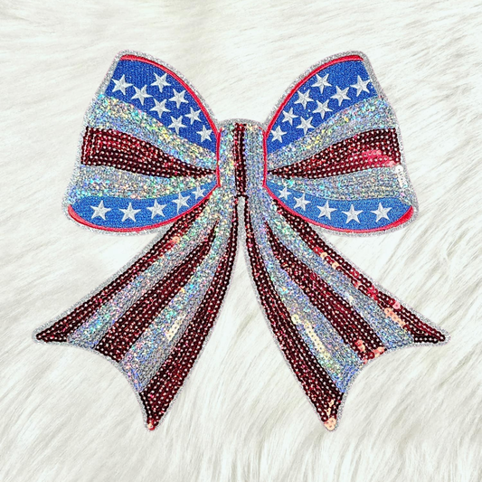 USA Flag Bow Patriotic Sequin Silver Glitter Large Iron On Patch