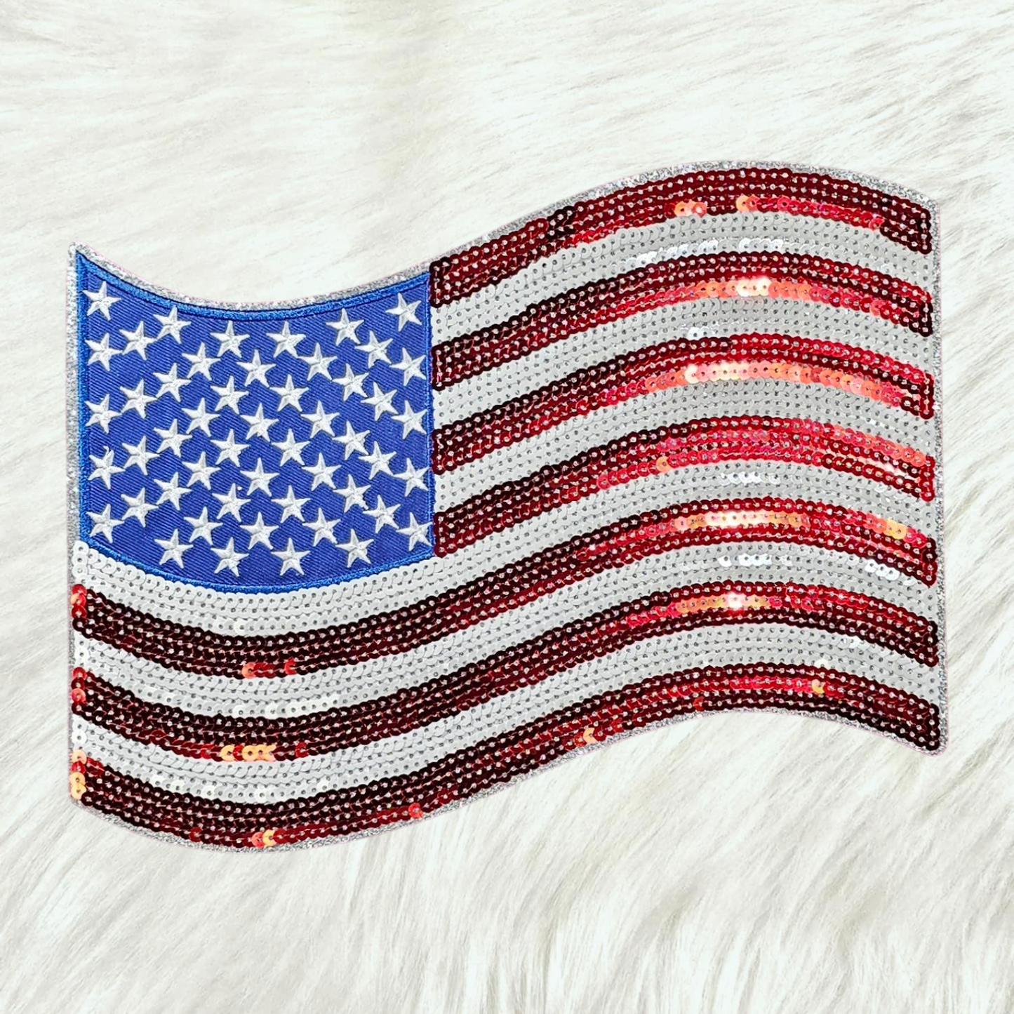 USA Flag Sequin Silver Glitter Large Iron On Patch