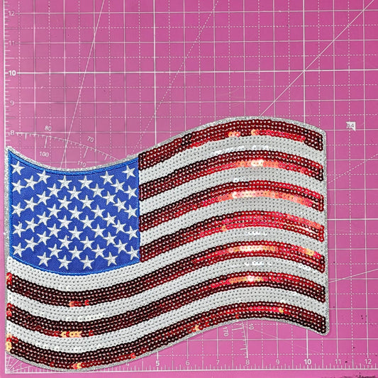 USA Flag Sequin Silver Glitter Large Iron On Patch