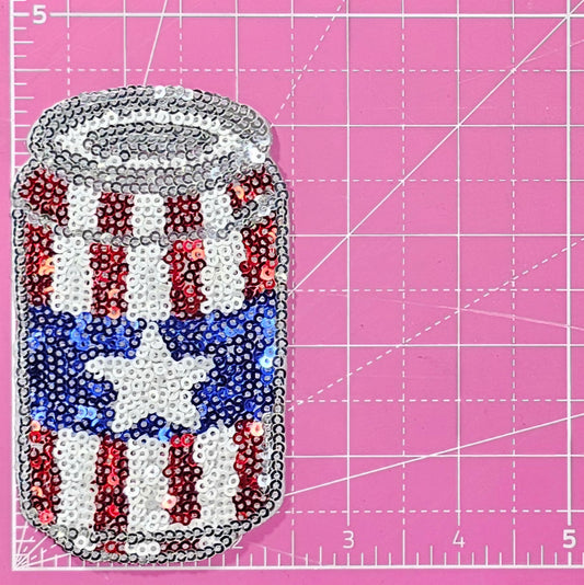 USA American Beer Can Patriotic Sequin Iron On Patch