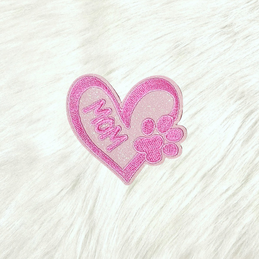 Animal Mom Pink Heart Embroidery Glitter Iron On Patch