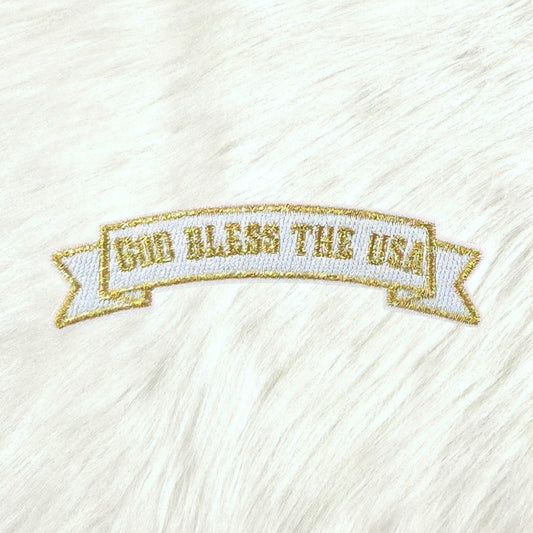 God Bless The USA Ribbon Banner Gold Embroidery Iron-on Patch