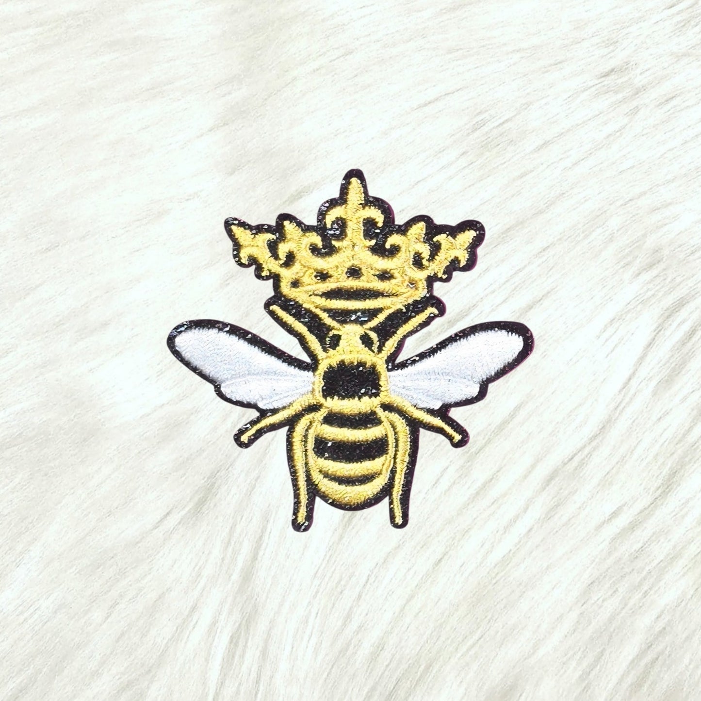 Bee Queen Embroidery Black Glitter Iron On Patch