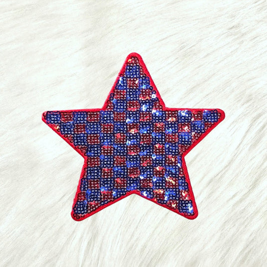 Checkered Star Red Blue Sequin Iron On Patch