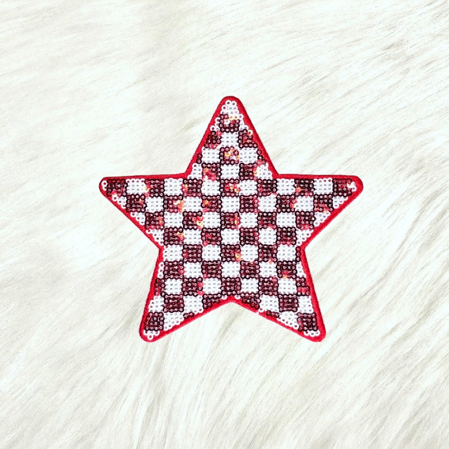 Checkered Star Red White Sequin Iron On Patch